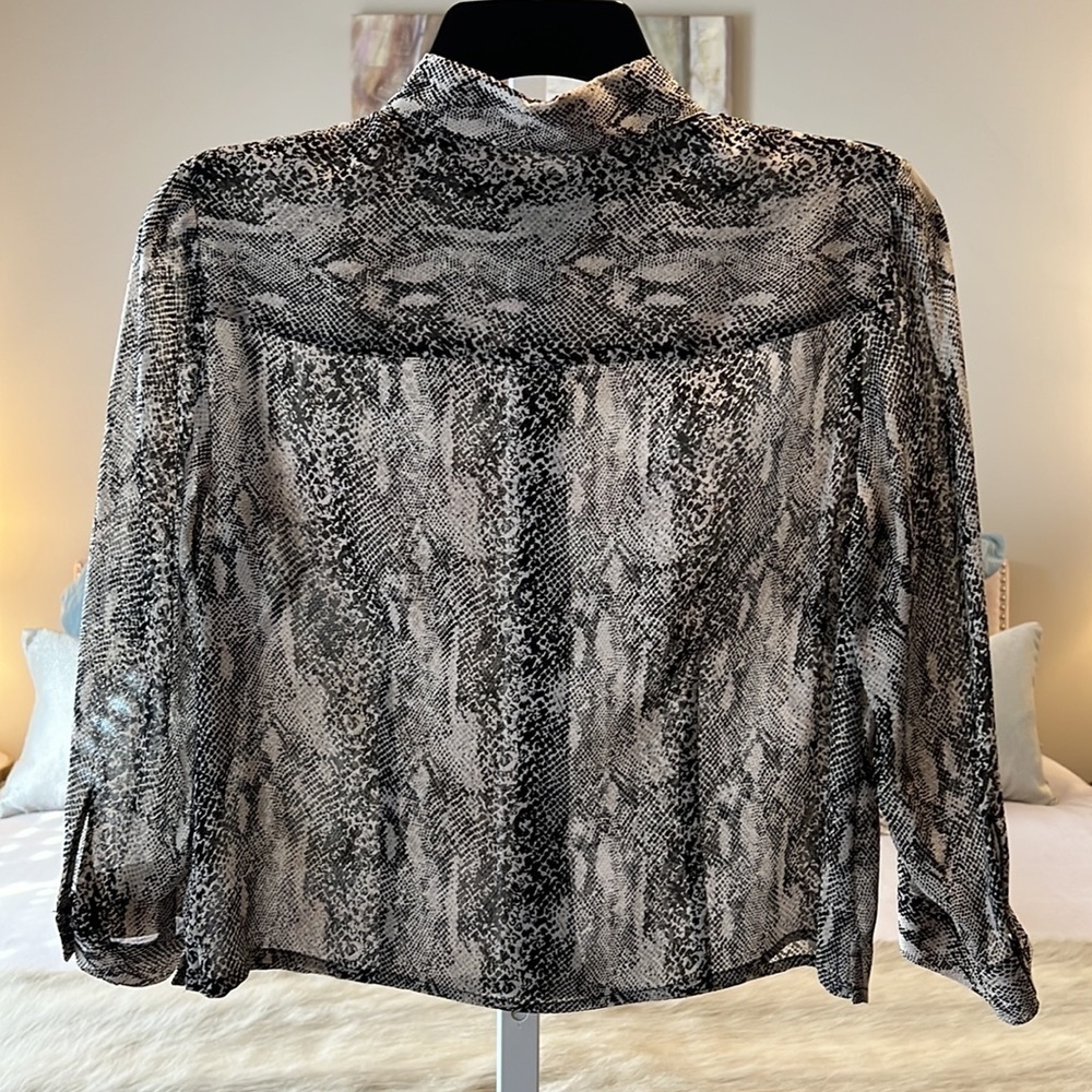Vintage ANN TAYLOR Beige Black Sheer Snake 3/4 Sleeves 4P Button Down Shirt - Picture 6 of 13